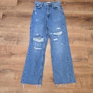 Zara Light Blue Distressed Wide Leg Jeans 90s Full Length Size 6